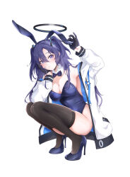Rule 34 | 1girl, alternate costume, animal ears, black halo, black thighhighs, blue archive, blue bow, blue bowtie, blue eyes, blue footwear, blue leotard, bow, bowtie, commentary, detached collar, fake animal ears, full body, halo, highres, jacket, leotard, long hair, looking at viewer, open clothes, open jacket, playboy bunny, rabbit ears, shoes, solo, squatting, thighhighs, thighs, two side up, white jacket, yoru0409, yuuka (blue archive)