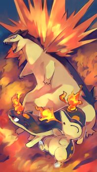 animal animal_focus closed_eyes commentary_request cyndaquil evolution evolutionary_line fangs fangs_out fire gara_(qbeuxvii22) gen_2_pokemon highres nintendo no_humans open_mouth pokemon pokemon_(creature) quilava red_eyes sharp_teeth teeth tongue tongue_out typhlosion