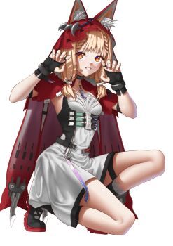 Rule 34 | 1girl, 395z, absurdres, animal ears, arknights, arknights: endfield, black gloves, blonde hair, braid, claw pose, commentary, dated commentary, dress, ears through headwear, fingerless gloves, gloves, highres, hood, hood up, looking at viewer, missing tail, on one knee, orange eyes, rossi (arknights), simple background, smile, solo, twintails, white background, wolf ears, wolf girl