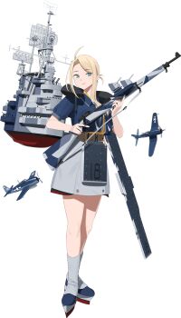 1girl aircraft airplane anti-aircraft anti-aircraft_gun apron asymmetrical_hair autocannon bad_link belt blonde_hair blue_eyes blue_neckerchief blue_shirt bofors_40_mm_gun bolt_action brown_belt cannon external_fuel_tank f4u_corsair f6f_hellcat flight_deck full_body grey_skirt gun highres holding holding_gun holding_weapon kantai_collection long_hair looking_at_viewer m1903_springfield machinery military_vehicle multicolored_neckerchief neck_pillow neckerchief oerlikon_20mm_gun propeller_fighter rifle rigging shibafu_(glock23) shirt skirt standing transparent_background wasp_(kancolle) weapon