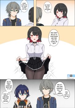 1boy 2girls belle_(zenless_zone_zero) black_hair blue_eyes blue_hair blush brother_and_sister clothes_lift clueless colored_inner_hair commentary ellen_joe ellen_joe_(on_campus) english_commentary english_text engrish_text green_eyes grey_hair highres mole mole_under_eye multicolored_hair multiple_girls na_(naneesan1) ranguage red_eyes red_hair right-to-left_comic short_hair siblings skirt skirt_lift speech_bubble wise_(zenless_zone_zero) zenless_zone_zero