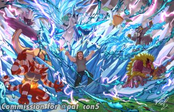 alternate_color bird brown_hair calyrex calyrex_(rider) claws commission commissioner_name drumsticks electricity fangs fire flying gen_3_pokemon gen_7_pokemon gen_8_pokemon glasses glastrier grass grey_shirt holding holding_drumsticks ice incineroar legendary_pokemon medium_hair mochachiiino nintendo open_mouth outstretched_arm pants pelipper pixiv_commission pokemon pokemon_(creature) raging_bolt riding riding_pokemon rillaboom shiny_pokemon shirt short_sleeves signature standing urshifu urshifu_(rapid) water