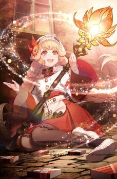 1girl apron braid copyright_notice grimms_echoes holding holding_staff little_match_girl_(grimms_echoes) looking_up matches official_art open_mouth orange_hair outdoors patchwork_clothes red_eyes shirotaka_(5choume) smile solo staff teeth thighhighs upper_teeth_only white_apron white_footwear