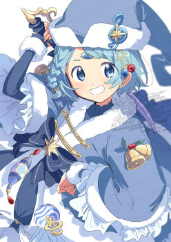 Rule 34 | 1girl, :d, arm up, bell, black bow, blue capelet, blue dress, blue eyes, blue hair, blue hat, blush, bow, capelet, cowboy shot, dress, fortissimo, frilled capelet, frills, fur-trimmed sleeves, fur trim, hair ornament, hat, highres, long sleeves, looking at viewer, mahou shoujo madoka magica, miki sayaka, musical note, musical note hair ornament, open mouth, serizawa serizane, short hair, simple background, smile, solo, twitter username, waist bow, watermark, white background