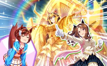3girls =_= ^^^ animal_ears armband armor artist_request belt belt_buckle black_skirt blue_jacket bracer breastplate breasts brown_eyes brown_hair buckle center_frills cheerleader clenched_hand collarbone cowboy_shot cropped_shirt dot_nose drop_shadow ear_covers ear_ornament ears_through_headwear emphasis_lines frilled_jacket frilled_skirt frills frown game_asset gem gloom_(expression) gloves gold_buttons hair_between_eyes hair_ornament hair_scrunchie hairband happy hat high_ponytail holding holding_pom_poms horse_ears horse_girl jacket king_halo_(cheerleader_in_noble_white)_(umamusume) king_halo_(umamusume) large_breasts leaning_forward lips long_hair long_hair_between_eyes long_skirt long_sleeves looking_ahead midriff mini_hat miniskirt multiple_girls navel nice_nature_(run_&amp;_win)_(umamusume) nice_nature_(umamusume) official_alternate_costume official_art one_side_up open_clothes open_jacket open_mouth orange_belt outline outstretched_arms parted_lips pearl_(gemstone) pink_armband pink_lips pleated_skirt pointing pointing_forward pom_pom_(cheerleading) pom_poms ponytail puffy_long_sleeves puffy_sleeves purple_eyes rainbow red_hair red_hat rope sailor_collar scrunchie seeking_the_pearl_(umamusume) shimenawa shirt short_ponytail skirt sleeve_cuffs smile sparkle striped_clothes striped_scrunchie surprised sweatdrop tail_raised third-party_source track_jacket umamusume unamused very_long_hair wavy_hair wavy_mouth white_gloves white_hairband white_jacket white_outline white_sailor_collar white_scrunchie white_shirt white_skirt yellow_shirt yellow_skirt zipper