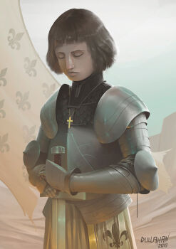 1girl 2019 absurdres armor artist_name banner battle_standard black_choker breastplate brown_hair catholic choker christianity christmas closed_eyes commentary cross cross_necklace dated english_commentary eyebrow_cut faulds flag fleur-de-lis full_armor gauntlets gold greaves highres holding holding_weapon jeanne_d&#039;arc jewelry latin_cross necklace pauldrons praying real_life saint scar scar_on_face scar_on_nose sergio_abalo short_hair shoulder_armor signature solo standing sword two-handed_sword vambraces war_banner weapon white_background worship