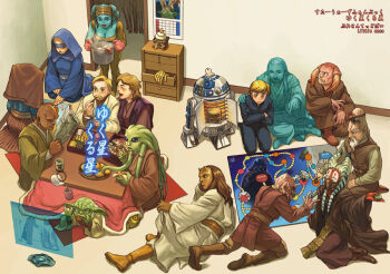 4girls 6+boys aayla_secura agen_kolar alien anakin_skywalker animification asami_you astromech_droid barriss_offee blush board_game boots breasts c-3po cleavage cloak cookie count_dooku cover crossed_arms darth_vader eating food frown ghost hologram hood jedi ki-adi-mundi kit_fisto kotatsu large_breasts laughing luke_skywalker luminara_unduli lying mace_windu mirialan mochi multiple_boys multiple_girls new_year newspaper obi-wan_kenobi palpatine playing playing_games plo_koon pointing qui-gon_jinn r2-d2 robe saesee_tiin senken shaak_ti sitting star_wars table telekinesis time_paradox togruta twi&#039;lek yoda
