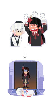 >_< 2girls angry angry_boss_with_happy_family_irasutoyas_(meme) arrow_(symbol) beret black_hair black_hat black_shirt blood chinese_commentary closed_eyes commentary_request corpse d.y.x. dress gloom_(expression) gradient_hair hair_ornament hat highres impaled irasutoya long_hair long_sleeves mahou_shoujo_no_majo_saiban meme mifune_takashi_(style) multicolored_hair multiple_girls multiple_views necktie nikaido_hiro no_lineart open_mouth parody puff_of_air red_necktie sakuraba_ema scolding sharp_teeth shirt short_hair spoilers style_parody teeth wavy_mouth white_background white_dress white_hair x_hair_ornament