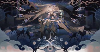 1boy 1girl absurdres bad_link barefoot black_pants blonde_hair blue_hair blue_horns blunt_bangs chinese_clothes chromatic_aberration closed_eyes closed_mouth couple dragon_horns dress ershisi_shao_qing fingerless_gloves full_body gloves highres horns long_hair long_sleeves moon_phases original pants pointy_ears sitting tattoo very_long_hair wide_sleeves