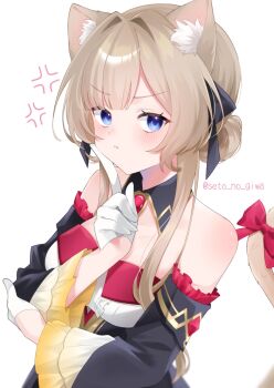 1girl :< anger_vein animal_ear_fluff animal_ears bare_shoulders black_bow black_collar black_dress black_sleeves blue_eyes blush bow brown_hair cat_ears cat_tail center_frills closed_mouth collar commentary_request detached_collar detached_sleeves dress frilled_sleeves frills gem genshin_impact gloves hair_bow hair_intakes highres kemonomimi_mode looking_at_viewer red_bow red_gemstone sandrone_(genshin_impact) setonogiwa sidelocks simple_background solo strapless strapless_dress tail tail_bow tail_ornament twitter_username upper_body white_background white_gloves