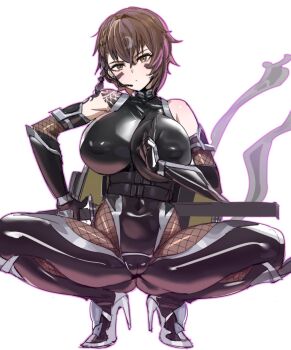 1girl black_gloves bodystocking bodysuit bow_(bhp) breasts brown_eyes brown_hair clothing_cutout covered_navel delta_(nikke) delta_(ninja_thief)_(nikke) elbow_gloves fishnet_bodystocking fishnet_cutout fishnets gloves goddess_of_victory:_nikke highres hip_vent holding holding_weapon impossible_bodysuit impossible_clothes large_breasts ninja ninjatou shiny_clothes short_hair short_sword skin_tight sleeveless sleeveless_bodysuit solo sword taimanin_suit weapon