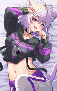 Rule 34 | 1girl, ahoge, animal collar, animal ear fluff, animal ears, black collar, black hoodie, blush, breasts, cat ears, cat girl, cat tail, collar, collarbone, commentary, cropped hoodie, food, food print, hair between eyes, highres, hololive, hood, hood down, hoodie, long sleeves, looking at viewer, lying, midriff, navel, nekomata okayu, nekomata okayu (1st costume), on back, onigiri, onigiri print, open mouth, pants, purple eyes, purple hair, shirt, short hair, simple background, smile, solo, stomach, tail, unkai amane, untranslatable commentary, virtual youtuber, white pants