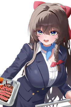 Rule 34 | 1girl, absurdres, bilingual commentary, black hair, blazer, blue bow, blue bowtie, blue eyes, blue jacket, blue skirt, blush, bow, bowtie, braid, breasts, buttons, commentary, dated commentary, double-parted bangs, english commentary, flight attendant, food, food request, glass, hair between eyes, hair bow, hair intakes, highres, huge breasts, impossible clothes, impossible jacket, impossible shirt, jacket, kkaennip, korean commentary, long bangs, long hair, mixed-language commentary, multicolored eyes, open mouth, red bow, shirayuki hina, shirt, skirt, smile, solo, steak, stellive, travel attendant, tray, two-tone eyes, water, white shirt