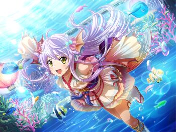1girl air_bubble bubble coral detached_sleeves fins fish frilled_kimono frills game_cg head_fins japanese_clothes kimono long_hair looking_at_viewer official_art otonashi_ichie outstretched_arms purple_hair sandals shoujo_kageki_revue_starlight shoujo_kageki_revue_starlight_-re_live- sleeveless sleeveless_kimono socks solo standing standing_on_one_leg underwater white_socks yellow_eyes yellow_kimono yellow_sleeves