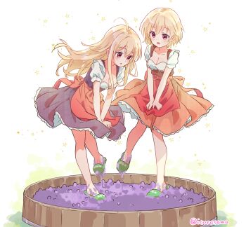 2girls absurdres ahoge apron barrel blonde_hair blouse blush breasts brown_dress cleavage collarbone commission dirndl dot_nose double-parted_bangs dress flip-flops german_clothes gochuumon_wa_usagi_desu_ka? grape_stomping green_slippers hair_between_eyes highres icorasama jinja_eru jinja_natsume large_breasts long_hair multiple_girls open_mouth puffy_short_sleeves puffy_sleeves purple_dress red_apron red_eyes sandals shirt short_hair short_sleeves siblings simple_background sisters skeb_commission skirt skirt_tug slippers star_(symbol) twitter_username white_background white_shirt