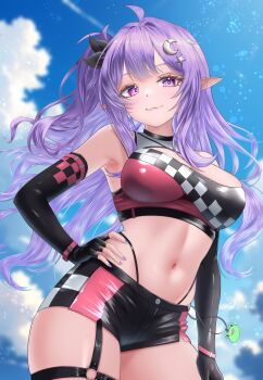 1girl absurdres black_gloves black_ribbon breasts checkered_print closed_mouth cloud commentary commission crescent crescent_hair_ornament eepy_sleepy elbow_gloves english_commentary fingerless_gloves gloves hair_ornament hair_ribbon highres linea_alba long_hair nanaki24 navel phase_connect pointy_ears purple_eyes purple_hair purple_nails race_queen ribbon second-party_source short_shorts shorts skeb_commission sky solo star_(symbol) star_hair_ornament stomach virtual_youtuber