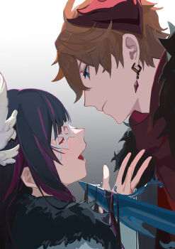 1boy 1girl absurdres black_fur blindfold blue_eyes blunt_bangs chinese_commentary closed_eyes closed_mouth coat columbina_(genshin_impact) couple earrings fatui_coat bad_tag from_side fur_trim genshin_impact gradient_background grey_background grey_coat hair_between_eyes hetero highres holding holding_sword holding_weapon jewelry long_hair looking_down mask multicolored_hair open_mouth orange_hair purple_hair red_mask red_scarf scarf short_hair streaked_hair sword tartaglia_(genshin_impact) upper_body weapon yuejue636