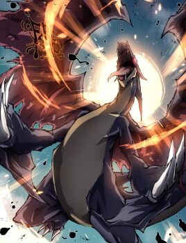 absurdres alternate_color blue_eyes charizard claws commentary dragon fangs fergoart fire gen_1_pokemon highres mega_charizard_y mega_pokemon nintendo no_humans open_mouth pokemon pokemon_(creature) pokemon_focus sharp_teeth shiny_pokemon symbol-only_commentary tail teeth tongue tongue_out wings