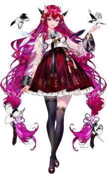 Rule 34 | 1girl, :d, asymmetrical legwear, bilingual commentary, bird, black shoes, black thighhighs, blue eyes, commentary, crystal wings, detached wings, double-parted bangs, english commentary, flower, frilled skirt, frills, full body, hair between eyes, hair flower, hair ornament, halo, hanbok, hand up, heterochromia, highres, hololive, hololive english, irys (hololive), jeogori (clothes), korean clothes, korean commentary, layered skirt, long hair, looking at viewer, low twintails, mixed-language commentary, open mouth, pink eyes, pointy ears, purple hair, purple skirt, see-through clothes, see-through sleeves, shoes, sidelocks, simple background, skirt, smile, solo, sowon, thighhighs, twintails, uneven legwear, very long hair, virtual youtuber, white background, wings