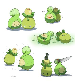 black_eyes bright_pupils budew closed_mouth explosive gen_4_pokemon goku_and_vegeta_in_the_rain_(meme) grass grenade highres holding knife lying meme nintendo no_humans pokemon pokemon_(creature) rain rekcmas shadow simple_background sitting smile smoliv wavy_mouth white_background white_pupils