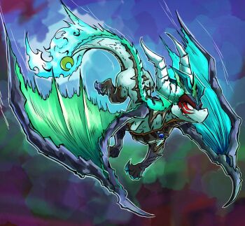 alternate_color alternate_eye_color aura blue_gemstone chest_jewel claws corruption crescent crossover dark_persona dragon dragon_boy dragon_horns dragon_tail evil_smile facial_tattoo fierce_deity fire flying gem highres horns looking_to_the_side nintendo no_pupils possessed possession scales smile spyro_(series) spyro_the_dragon stoic_seraphim tail tattoo the_legend_of_zelda the_legend_of_zelda:_majora&#039;s_mask white_eyes wings