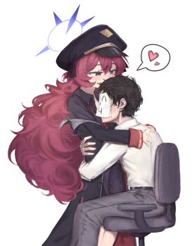 1boy 1girl absurdres ahiru_(ahahahahiru) black_hat black_skirt blue_archive blue_eyes blue_halo blush collared_shirt couple doodle_sensei_(blue_archive) halo hat heart hetero highres hug iroha_(blue_archive) long_hair long_sleeves purple_hair sensei_(blue_archive) shirt simple_background sitting skirt spoken_heart standing very_long_hair wavy_hair white_background