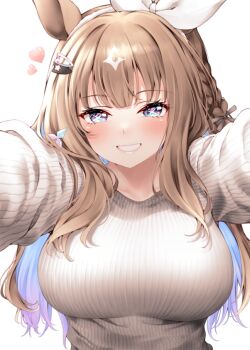 Rule 34 | 1girl, almond eye (umamusume), animal ears, blue eyes, blue hair, blush, bow, bow hairband, brown hair, colored inner hair, commentary request, hair ornament, hairband, hairclip, horse ears, horse girl, looking at viewer, multicolored hair, outstretched arms, red hayao, simple background, smile, solo, streaked hair, sweater, turtleneck, turtleneck sweater, umamusume, white background, white bow, white hair, white streaks, white sweater
