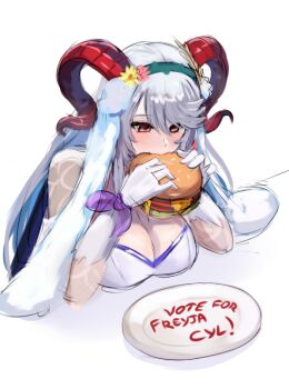 Rule 34 | 1girl, animal ears, bodystocking, breasts, burger, chiyu1182, cleavage, commentary, commission, eating, elbows on table, english commentary, english text, fake animal ears, fire emblem, fire emblem heroes, food, freyja (fire emblem), freyja (spring) (fire emblem), gloves, goat horns, hairband, holding, holding burger, holding food, horns, large breasts, light blush, long hair, nintendo, official alternate costume, purple thighhighs, rabbit ears, red eyes, solo, thighhighs, white background, white gloves, white hair