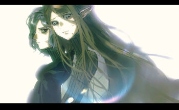 1boy 1girl bags_under_eyes black_eyes cloak dungeon_meshi elf gorget grey_eyes grey_hair long_hair looking_at_viewer marcille_donato medium_hair mithrun notched_ear open_mouth pointy_ears shirt short_hair simple_background sweatdrop upper_body wavy_hair white_background zhongerbinghuanzhe316