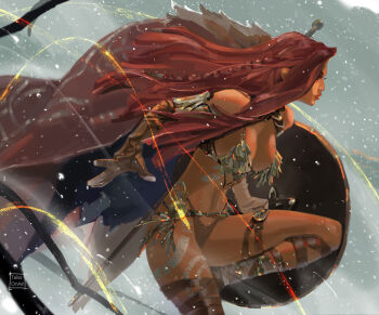 1girl armor artist_name bikini_armor bodypaint commentary english_commentary gloves highres holding holding_shield long_hair paid_reward_available profile red_hair red_sonja red_sonja_(comics) shield solo sword sword_on_back tatti_art variant_set weapon weapon_on_back