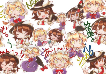 &gt;_&lt; 2girls :d arms_behind_back black_hat blonde_hair blush_stickers book bow bowtie brown_eyes brown_hair closed_eyes closed_mouth collared_dress collared_shirt contrast_collar crossed_arms dress frown gap_(touhou) hair_between_eyes hand_on_own_head hand_rest hat hat_bow holding holding_book long_sleeves maribel_hearn marker_(medium) mob_cap multiple_girls necktie one_eye_closed open_mouth own_hands_together puffy_long_sleeves puffy_sleeves purple_dress red_bow red_bowtie red_necktie sanwa_no_jako_(daikichi_club) shirt short_hair short_sleeves sleeve_cuffs sleeve_garter smile snapping_fingers touhou traditional_media translation_request usami_renko white_background white_bow white_hat white_shirt yellow_eyes