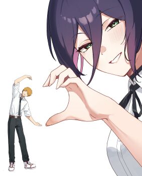 Rule 34 | 1boy, 1girl, absurdres, ashamutoki, belt, black choker, black necktie, black pants, black ribbon, blonde hair, breasts, brown belt, chainsaw man, choker, collared shirt, denji (chainsaw man), full body, green eyes, hair between eyes, heart, heart hands, heart hands duo, highres, light blush, medium breasts, medium hair, neck ribbon, necktie, pants, parted lips, purple hair, reze (chainsaw man), ribbon, shirt, shoes, short hair, sleeves rolled up, smile, sneakers, upper body, white background, white shirt, white shoes
