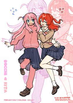 Rule 34 | 2girls, :d, ^ ^, blue eyes, blue skirt, blush, bocchi the rock!, brown cardigan, brown sailor collar, brown shoes, cardigan, character name, closed eyes, commentary request, cube hair ornament, flying sweatdrops, gotoh hitori, hair between eyes, hair ornament, heart, highres, jacket, kita ikuyo, loafers, long hair, multiple girls, nose blush, one side up, open mouth, pants, pants under skirt, pink hair, pink jacket, pink pants, pleated skirt, red hair, sailor collar, school uniform, serafuku, shibedraws, shoes, simple background, skirt, smile, socks, standing, standing on one leg, track jacket, track pants, track suit, very long hair, white background, white socks, zoom layer