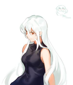 1girl black_dress breasts closed_mouth commentary crt599 dress english_commentary grey_hair hair_between_eyes highres long_hair long_hair_between_eyes red_eyes simple_background sleeveless sleeveless_dress smile solo touhou turtleneck turtleneck_dress very_long_hair white_background yuiman_asama