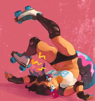 1girl bread bread_bun breasts constricted_pupils dragon_girl elma_(maidragon) fallen_down fingerless_gloves food food_in_mouth full_body gloves gradient_hair holding holding_food horns jojo_pose jojo_reference khyle. knee_pads kobayashi-san_chi_no_maidragon large_breasts looking_at_viewer midriff monster_girl mouth_hold multicolored_hair navel pink_background roller_skates short_hair single_horn skates skating smile solo sports_bikini sports_panties sportswear tail tears thick_thighs thighs third-party_edit wheels