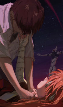 1boy 1girl absurdres bandaged_arm bandages brown_hair from_below hair_over_eyes highres ikari_shinji neon_genesis_evangelion night night_sky orange_hair reaching reaching_towards_another shirt short_hair short_sleeves sky souryuu_asuka_langley spoilers strangling the_end_of_evangelion user_wxuw2352 white_shirt