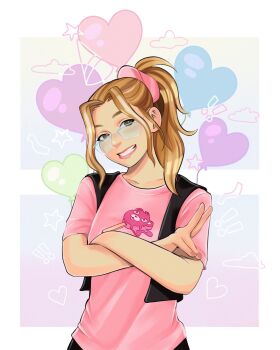 1girl artist_self-insert balloon black_vest blonde_hair commentary crossed_arms english_commentary gigis_lab grey_eyes grin heart_balloon highres pink_shirt ponytail real_life self-portrait shirt smile solo t-shirt upper_body v vest