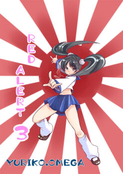 1girl :o \m/ asian black_hair blue_sailor_collar blue_skirt breasts brown_shoes character_name command_&amp;_conquer command_&amp;_conquer:_red_alert command_&amp;_conquer:_red_alert_3 demon english_text fighting_stance floating_hair full_body grey_eyes hair_tie japanese_flag knees looking_at_viewer loose_socks medium_hair midriff miniskirt navel neckerchief nippo rising_sun_flag sailor_collar school_uniform shirt shoes skirt small_breasts socks straight-on sunburst thighs twintails white_shirt white_socks yuriko_omega