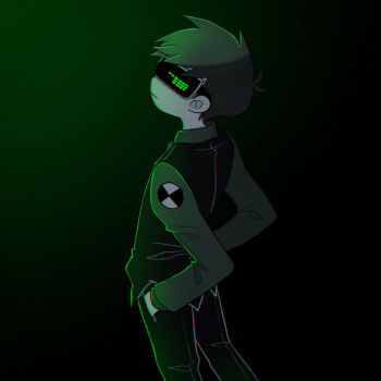 Rule 34 | 1boy, alternate universe, antenna hair, black pants, black vest, brown hair, commentary request, cosplay, cowboy shot, edd (eddsworld), eddsworld, from behind, future tom (eddsworld), future tom (eddsworld) (cosplay), green shirt, hands in pockets, head-mounted display, highres, lcd, long sleeves, looking at viewer, looking back, male focus, mau (edd tom), pants, shirt, short hair, solo, standing, tom (eddsworld), vest