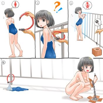 !? >_< 1girl :o ^^^ assisted_exposure bare_arms bare_legs bare_shoulders barefoot bdsm bicycle_lock black_eyes black_hair blue_one-piece_swimsuit blush bondage bound box breasts chain clever comic competition_school_swimsuit completely_nude covering_breasts covering_privates cuffs d: embarrassed feet fence flying_sweatdrops furrowed_brow handcuffs have_to_pee himeshaga humiliation key left-to-right_manga looking_down medium_breasts nude numbered_panels one-piece_swimsuit one-piece_swimsuit_removed open_mouth original parted_lips prank predicament_bondage railing restroom_symbol school_swimsuit short_hair silent_comic speech_bubble spoken_object squatting standing stuck swimsuit thought_bubble unworn_clothes unworn_swimsuit