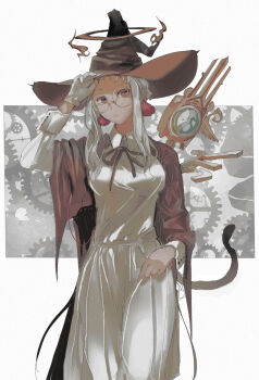 1girl adjusting_clothes adjusting_headwear brown_eyes brown_hat cape collared_dress cowboy_shot dress earrings expressionless fantasy gear_background gears glasses gloves grey_hair hashtag-only_commentary hat highres jewelry light_blush long_dress long_hair long_sidelocks looking_at_viewer neck_ribbon nyannsaka original outside_border red_cape red_ribbon ribbon round_eyewear sidelocks single_glove skirt_hold solo tail tassel tassel_earrings white_dress white_gloves witch witch_hat