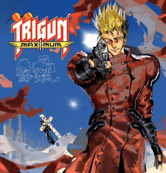 2boys coat cross_punisher hashtag-only_commentary large_cross long_coat male_focus multiple_boys nicholas_d._wolfwood prosthesis prosthetic_arm punisher_(trigun) red_coat round_eyewear sunglasses tinted_eyewear trigun trigun_maximum undercut vash_the_stampede zeonsidethree3