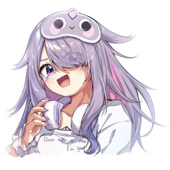 1girl chest_jewel colored_inner_hair commentary_request hair_over_one_eye headphones headphones_around_neck hololive hololive_english jewel_under_eye koseki_bijou koseki_bijou_(pebble_pajamas) looking_at_viewer multicolored_hair nail_polish official_alternate_costume pink_hair pink_nails purple_eyes purple_hair shirt smile solo u_da_desu virtual_youtuber white_shirt