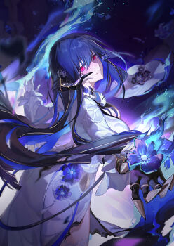 1girl absurdres bead_necklace beads black_hair blue_fire blue_flower blue_hair blush breasts chinese_commentary colored_inner_hair commentary_request demon_horns demon_tail dress dress_flower dutch_angle fire floating_hair floating_hat flower forward-facing_horns from_side glowing glowing_eyes gold_trim gradient_background grin hair_between_eyes hanayabaka hand_up hat head_tilt highres holding holding_flower honkai:_star_rail honkai_(series) horns jewelry large_breasts light_particles long_hair long_sleeves looking_at_viewer mole mole_under_eye multicolored_hair necklace night parted_lips red_eyes ringed_eyes sidelocks smile solo tail tassel the_dahlia_(honkai:_star_rail) thighs turning_head unworn_headwear very_long_hair white_dress white_hat