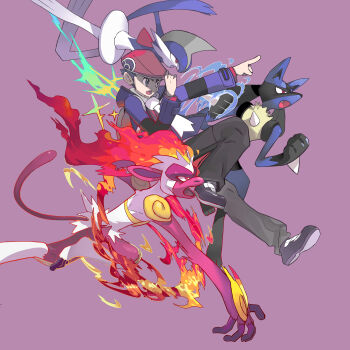 1boy absurdres adjusting_clothes adjusting_headwear alternate_color arm_blade armor ascot aura beanie black_fur black_hair black_pants blue_fur blue_jacket blue_skin body_fur colored_skin fangs fiery_hair fire gallade gen_4_pokemon gold hat highres hiro_(user_negm3832) hood hooded_jacket infernape jacket knee_up lucario lucas_(pokemon) mohawk monkey multicolored_fur multicolored_skin nintendo official_alternate_color open_clothes open_jacket open_mouth pants pauldrons pointing poke_ball_print pokemon pokemon_(creature) pokemon_dppt pokemon_platinum powering_up red_eyes red_hat shiny_pokemon short_hair shoulder_armor snout spikes tail two-tone_skin weapon white_ascot white_fur white_skin