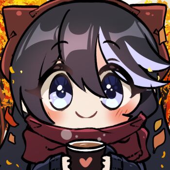 1girl black_hair blue_eyes blue_streaks blush chibi chibi_only closed_mouth coffee coffee_mug commentary cup double-parted_bangs english_commentary hair_between_eyes heart holding holding_cup long_hair long_sleeves looking_at_viewer mug multicolored_hair original red_scarf ryuuxin sadie_(ryuuxin) scarf smile solo straight-on streaked_hair upper_body