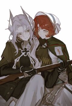 2girls absurdres black_gloves blood blood_on_face blue_eyes bonnet bridal_gauntlets brown_capelet brown_eyes bulletproof_vest cape capelet chinese_commentary cleaning_gun collared_cape commentary_request gloves green_cape gun hair_intakes hair_over_shoulder hand_on_another's_face highres holding holding_gun holding_rag holding_weapon long_hair marsha_(reverse:1999) multiple_girls partial_commentary qian. red_hair reverse:1999 rifle rod_of_asclepius sentinel_(reverse:1999) short_hair side-by-side signature simple_background sitting weapon white_background white_bonnet white_hair