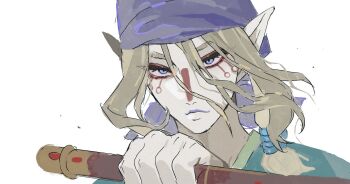 1boy bandana blue_eyes blue_kimono brown_hair closed_mouth earrings expressionless eyelashes eyeliner facepaint hashtag-only_commentary highres holding japanese_clothes jewelry kimono kusuriuri_(mononoke) looking_at_viewer makeup male_focus mononoke purple_bandana red_eyeliner simple_background solo sumooo_(ga_ilil) white_background