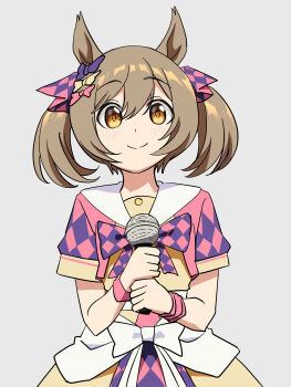 Rule 34 | 1girl, absurdres, animal ears, baasaku (balasaku24), bare shoulders, bow, breasts, brown eyes, brown hair, checkered bow, checkered clothes, closed mouth, commentary request, dress, hair between eyes, hair bow, hair ornament, highres, holding, holding microphone, horse ears, horse girl, looking at viewer, medium hair, microphone, multiple hair bows, pink bow, purple bow, sailor collar, simple background, smart falcon (umamusume), smile, solo, twintails, umamusume, white bow, white sailor collar, wristband, yellow dress