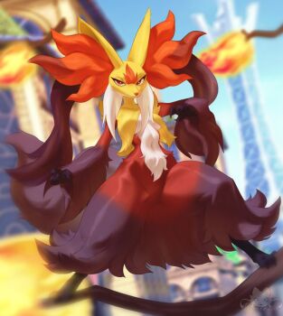 animal_ear_fluff blurry blurry_background building day delphox depth_of_field fire gen_6_pokemon looking_at_viewer mega_delphox multicolored_fur nintendo on_branch orange_fur outdoors pokemon pokemon_(creature) pokemon_legends:_z-a queen_purrr skyscraper solo standing standing_on_branch white_fur yellow_fur